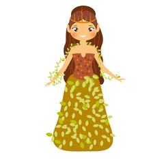 Beautiful fairy in autumn dress decorated with leaves. Girl with elf ears. Forest princess character