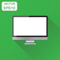 Realistic desktop computer monitor icon. Business concept monitor pictogram. Vector illustration on green background with long shadow.