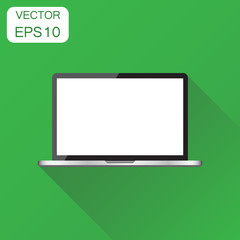 Laptop with white screen icon. Business concept notebook pictogram. Vector illustration on green background with long shadow.