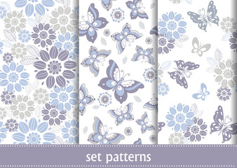 Seamless pattern of flowers and butterflies. Set grunge patterns for backgrounds and textures