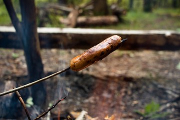 The roasted sausage is poured with red and spicy sauce.