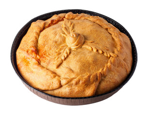 Tatar round pie on the table with napkin