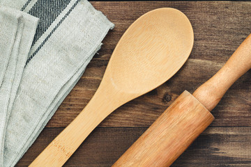 Top view on wooden kitchen utensil
