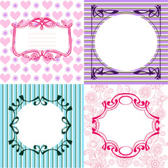 Set of frames and cute seamless backgrounds butterflies and hearts