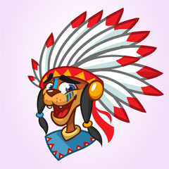 A cartoon illustration of a Native American icon. Vector illustration of native american chief with feathers on his head