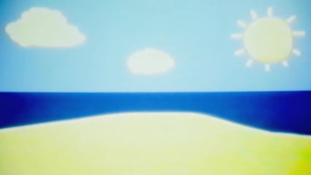 Vhs real projection: a cartoon of a sunny day at the beach. Moving clouds, hot sun rays. Warm color grading.
