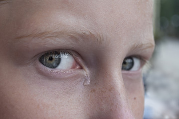 Eyes with tear close-up, teen girl crying