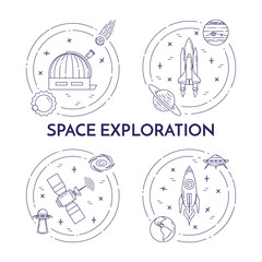 Space travel line banner. Set of elements of planets, space ships, ufo, satellite, spyglass and other cosmos pictograms.