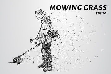 Mowing the grass from the particles. Silhouette mows the grass consists of dots and circles. Vector illustration.