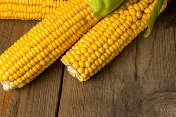 Ripe yellow sweet corn cob on a wooden table close-up