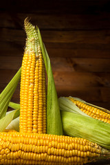 Ripe yellow sweet corn cob on a wooden table close-up