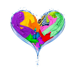 Clothing rotates in splashes of water in the shape of the heart, isolated on white background