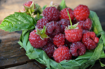 fresh raspberry in a basket of leaves on wooden background