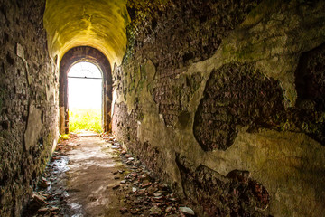 Obraz premium Tunnel with peeling walls. Old brickwork.