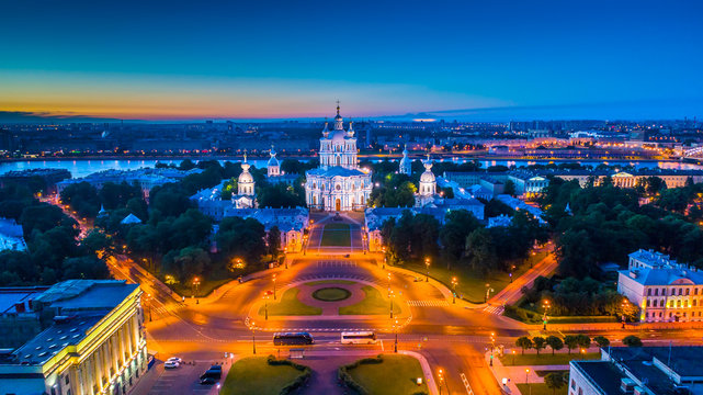 Smolensk temple in St. Petersburg. Panorama of St. Petersburg.