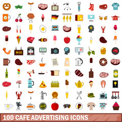 100 cafe advertising icons set, flat style