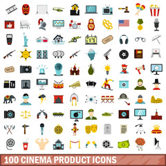 100 cinema product icons set, flat style