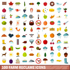 100 farm reclame icons set, flat style
