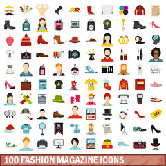 100 fashion magazine icons set, flat style