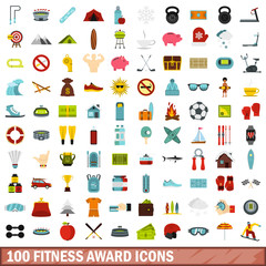 100 fitness award icons set, flat style