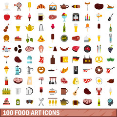 100 food art icons set, flat style