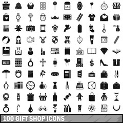 100 gift shop icons set, simple style 