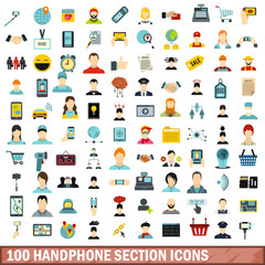 100 handphone section icons set, flat style