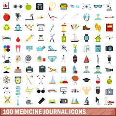 100 medicine journal icons set, flat style