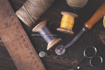 Sewing instruments, threads, needles in vintaae style