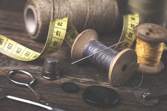 Sewing instruments, threads, needles in vintaae style