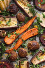 Various vegetables baked in the oven at home kitchen