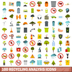 100 recycling analysis icons set, flat style