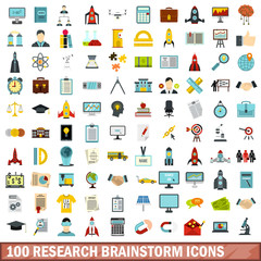 100 research brainstorm icons set, flat style