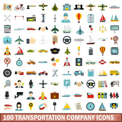 100 transportation company icons set, flat style
