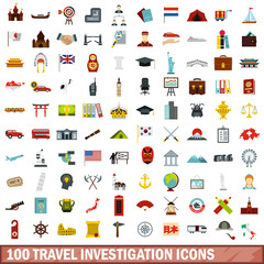 100 travel investigation icons set, flat style