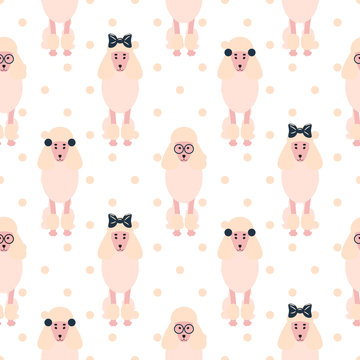 Poodle cute pink dog girlish seamless vector polkadot pattern. Light pastel puppy curly breed with bows and glasses hipster background for textile fabric print and wallpaper.