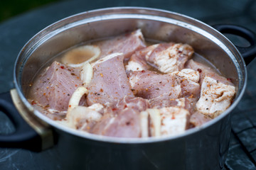 Skewers of pork meat in a saucepan