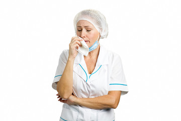 Crying unhappy upset mature doctor. Crying upset nurse or doctor with problems having stress breakdown at work.