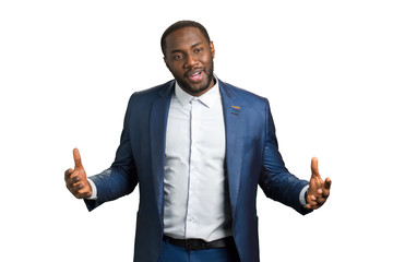 Afro american business trainer. Interactive lecture: Psychology of success. Dark skinned man leads seminar about business communication and leadership.