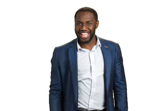Happy businessman wide smiling. Cheerful afro american guy in formal wear on white background.