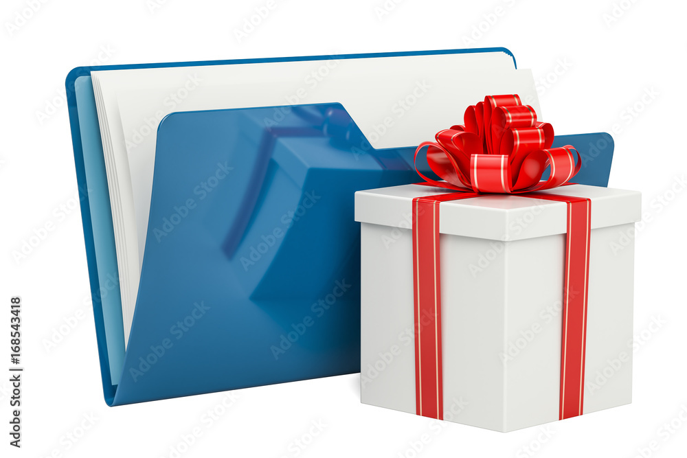 Poster blue computer folder icon with gift, 3d rendering
