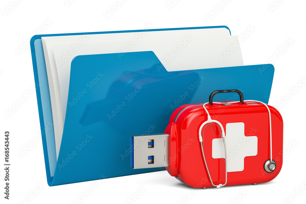Aufkleber computer folder icon with usb flash drive, service and recovery, first aid concept. 3d rendering
