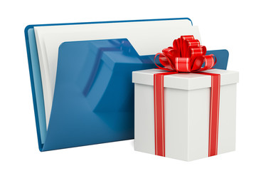 Blue computer folder icon with gift, 3D rendering