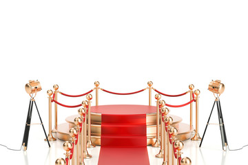 Empty golden podium with red carpet and barrier rope, 3D rendering