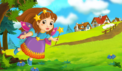 Obraz na płótnie Canvas Cartoon background of fairy flying in the forest near the village - illustration for children