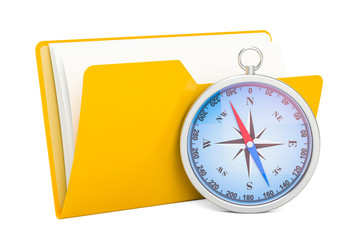 Yellow computer folder icon with compass, 3D rendering