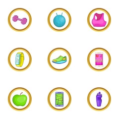 Fitness icons set, cartoon style