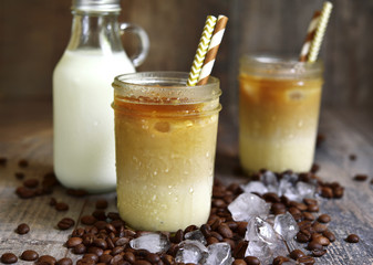 Thai iced coffee in a mason jar.