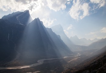 Sun beams in Himalayas mountains