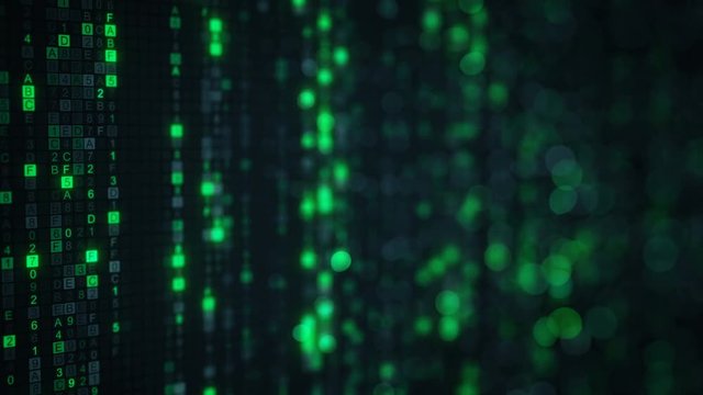 Green matrix rain of digital HEX code and bokeh on computer screen. Seamless loop abstract technology 3D animation rendered with DOF 4k (4096x2304)
